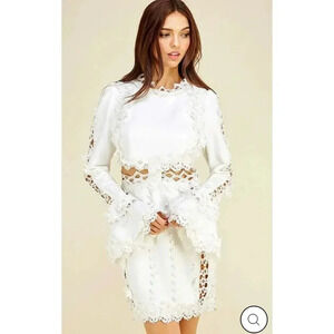 Athena Womens Flare Sleeve Two Piece Bodycon Lace Dress White Sz L